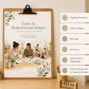 Könnte beinhalten: Ein Klemmbrett mit einem Dokument mit dem Titel Team- & Besprechungsvorlagen für pädagogische Fachkräfte, verziert mit Aquarellblättern und einem Foto von Erziehern am Tisch, ergänzt durch eine Liste mit digitalen Download-Spezifikationen.