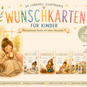 Pode incluir: Um conjunto de quatro cartões de felicitações em formato A6 para crianças com ilustrações em aguarela. Os cartões exibem o texto em alemão WUNSCHKARTEN FÜR KINDER, KREATIVITÄT, DANKBARKEIT, GEBORGENHEIT e SCHULSTART, com cenas de crianças em ambientes acolhedores.