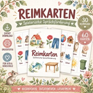 Könnte beinhalten: Ein Set aus pädagogischen Reimkarten mit dem Titel Reimkarten, die Aquarellillustrationen von Objekten wie Haus, Maus, Rose, Hose, Ball, Stall, Katze, Tatze, Kuh, Schuh, Sonne und Tonne zeigen. Die Karten dienen der spielerischen Sprachförderung.