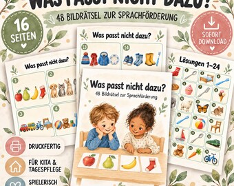 ¿Qué no pertenece? | 48 rompecabezas con imágenes para guarderías y preescolares | Desarrollo del lenguaje, juegos de lógica y vocabulario | PDF de 16 páginas