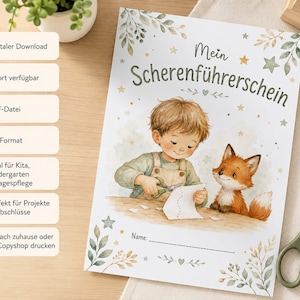 Könnte beinhalten: Eine druckbare Urkunde mit dem Titel Mein Scherenführerschein, die ein Aquarellbild eines Kindes beim Papierschneiden neben einem Fuchs zeigt. Das Design enthält grüne Blätter, kleine Sterne und eine Namenszeile. Eine grüne Schere liegt neben dem Dokument.