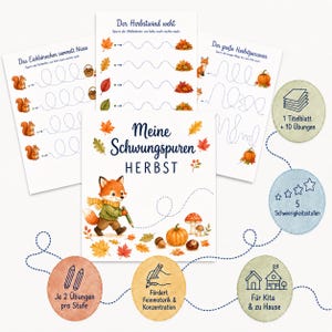 Puede incluir: Un conjunto de hojas de actividades educativas tituladas Meine Schwungspuren HERBST con un zorro, hojas de otoño, calabazas y setas. Las páginas incluyen ejercicios de trazo con ardillas y líneas onduladas, además de insignias circulares que detallan 10 ejercicios, 5 niveles de dificultad y uso para la escuela o el hogar.