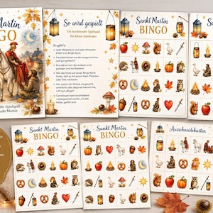 May include: A set of printable Saint Martin Bingo game sheets featuring illustrations of lanterns, autumn leaves, animals, and historical figures. The collection includes instruction cards, game boards with grid layouts, and cut-out motif cards.