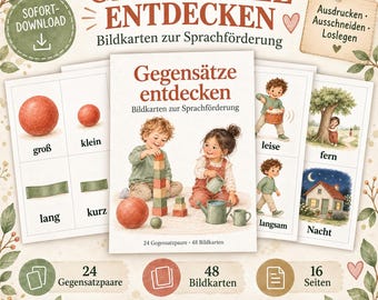 Tarjetas ilustradas de opuestos para jardín de infancia | 48 tarjetas con 24 pares de opuestos | Desarrollo del lenguaje y vocabulario para jardín de infancia y preescolar (PDF)