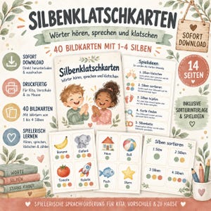 Puede incluir: Un conjunto de tarjetas educativas de sílabas con ilustraciones de niños, objetos variados como un plátano, elefante, tomate, cohete, casa, pelota, pez y estrella, junto con tapetes de clasificación e instrucciones de juego en alemán.