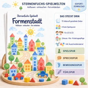Op de afbeelding: Een digitale downloadset genaamd Sternenfuchs-Spielwelt Formenstadt met een boek vol aquarelillustraties van kleurrijke huizen, bomen en een zon. Bevat 15 pagina's, 4 speelsporen en vormen om uit te knippen.