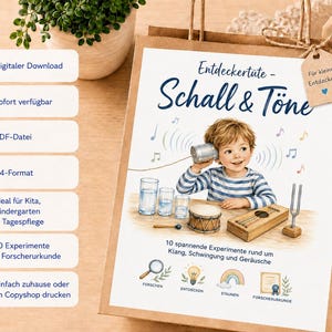 Könnte beinhalten: Eine braune Papiertüte mit einem aufgedruckten Aktivitätsblatt mit dem Titel Entdeckertüte - Schall & Töne. Die Illustration zeigt ein Kind mit einem Dosentelefon, Wassergläsern, einer Trommel und einer Stimmgabel. Text zu 10 Experimenten.