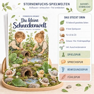Könnte beinhalten: Ein digitaler Download mit dem Titel Die kleine Schneckenwelt, der Illustrationen von Kindern beim Spielen mit Schnecken zeigt. Das Dokument enthält 15 Seiten, 4 Spielspuren und Ausschneidematerial für den Einsatz zu Hause oder in der Kita.