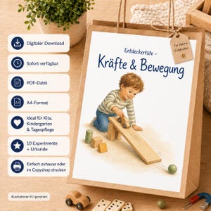 Puede incluir: Una bolsa de papel marrón con la ilustración de un niño jugando con un coche de madera en una rampa. El texto dice Entdeckertüte - Kräfte & Bewegung y Für kleine Entdecker. Junto a la bolsa hay iconos de descarga digital y formato A4.