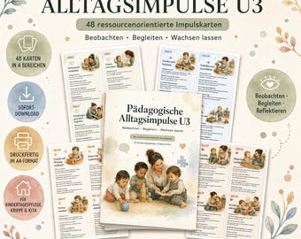 May include: A set of 48 educational resource cards titled PÄDAGOGISCHE ALLTAGSIMPULSE U3, featuring illustrations of children and adults. The cards include text for observing, guiding, and supporting development in childcare settings.