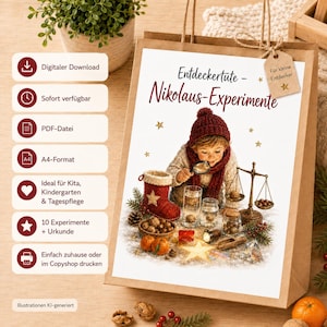 Könnte beinhalten: Eine braune Papiertüte mit einer aufgedruckten Illustration eines Kindes mit roter Strickmütze und Schal, das eine Lupe benutzt. Der Text lautet Entdeckertüte - Nikolaus-Experimente. Enthält ein kleines Etikett mit der Aufschrift Für kleine Entdecker.