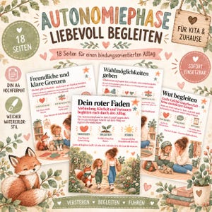 Op de afbeelding: Een set educatieve posters getiteld Autonomiephase Liebevoll Begleiten met aquarelillustraties van een kind en een vos. De pagina's bevatten Duitse tekst, decoratieve hartjes en bladeren, ontworpen als ondersteuning bij de opvoeding en ontwikkeling.