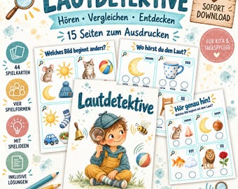 Language Development in Kindergarten – Sound Detectives | 44 Playing Cards for Phonological Awareness | Listening Exercises & Sound Recognition | PDF