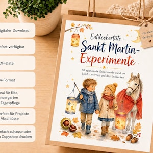 May include: A brown paper bag featuring a printed illustration of two children walking with a horse and lanterns. The text reads Entdeckertüte - Sankt Martin-Experimente, 10 spannende Experimente rund um Licht, Laternen und das Entdecken, and Für kleine Entdecker.