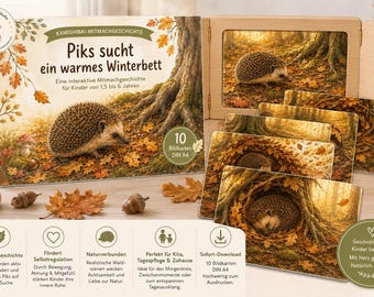 Kamishibai Autumn Interactive Story | Piks Seeks a Warm Winter Bed | Hedgehog Hibernation | Picture Cards for Daycare, Under 3s, Kindergarten (PDF)