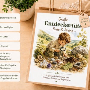 May include: A brown paper bag featuring a printed illustration of a child examining rocks with a magnifying glass. The text reads Große Entdeckertüte - Erde & Steine, 10 spannende Experimente zum Entdecken, Staunen und Ausprobieren, and Für kleine Entdecker.