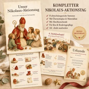 May include: A set of printed materials for a Saint Nicholas activity day, including a title page with an illustration of Saint Nicholas and children, an overview plan for educators, a game instruction sheet, and a certificate, all in German text.