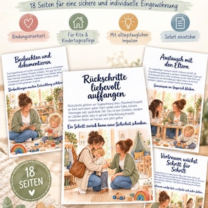 Könnte beinhalten: Ein 18-seitiger pädagogischer Leitfaden mit dem Titel EINGEWÖHNUNG INDIVIDUELL BEGLEITEN, der illustrierte Szenen von Betreuungspersonen und Kindern in einem Spielzimmer zeigt. Das Dokument enthält Abschnitte zu Beobachtung, Elternaustausch und Rückschritten.