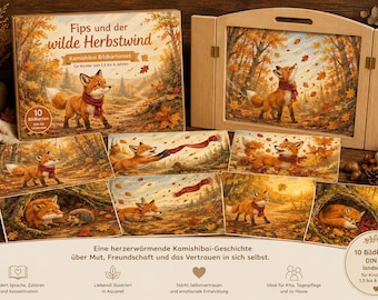 Kamishibai Autumn Interactive Story – Fips and the Wild Autumn Wind | 10 Picture Cards A4 | Daycare, Kindergarten, Childminding