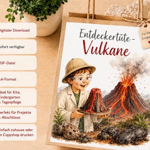 Könnte beinhalten: Eine braune Papiertüte mit einer Illustration eines Kindes mit Tropenhelm, das ein kleines Vulkanmodell hält, vor einem großen ausbrechenden Vulkan. Der Text lautet Entdeckertüte - Vulkane und ein Anhänger trägt die Aufschrift Für kleine Entdecker.