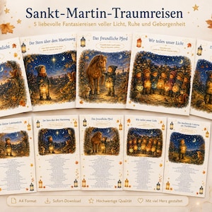 Könnte beinhalten: Ein Set aus fünf illustrierten Bildkarten mit dem Titel Sankt-Martin-Traumreisen, die Kinder mit Laternen unter nächtlichem Sternenhimmel zeigen. Jede Karte enthält deutschen Text zu den Themen Licht, Ruhe und Geborgenheit.