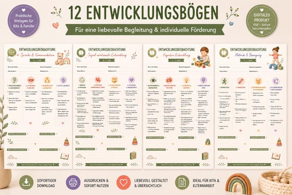 Entwicklungsbögen Kinder 0–3 Jahre PDF | 12 Beobachtungsbögen Kita & Krippe | Entwicklungsdokumentation | Elterngespräch | Tagespflege
