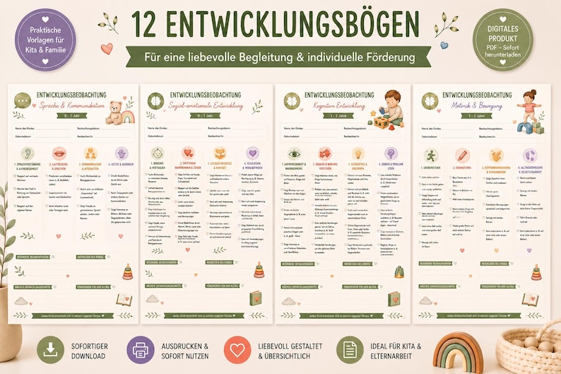 May include: A set of 12 digital development observation sheets for children, featuring sections for language, social-emotional, cognitive, and motor skills. The documents include checkboxes, lines for notes, and small illustrations on a light background.
