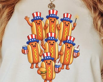 Camiseta del 4 de julio con estampado de perrito caliente, camiseta patriótica con estampado de barbacoa, camiseta con la bandera estadounidense y fuegos artificiales, camiseta divertida para las fiestas del 4 de julio.