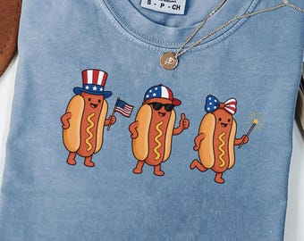 Camiseta Comfort Colors del 4 de julio con estampado de perrito caliente, camiseta patriótica con estampado de barbacoa, camiseta con la bandera estadounidense y fuegos artificiales, camiseta divertida para el Día de la Independencia.