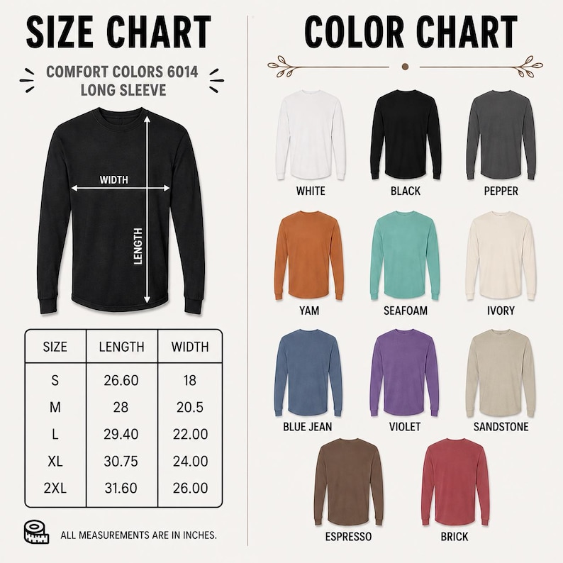 Puede incluir: Una tabla de tallas y colores para camisetas de manga larga Comfort Colors 6014. A la izquierda, una camiseta negra con flechas de ancho y largo y una tabla con medidas en pulgadas. A la derecha, once colores de camisetas con etiquetas.