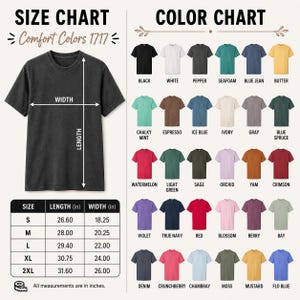 Puede incluir: Una tabla de tallas para camisetas Comfort Colors 1717 que muestra una camiseta gris oscuro con flechas de largo y ancho, una tabla con medidas en pulgadas y una carta de colores con 36 muestras de colores con sus nombres correspondientes.