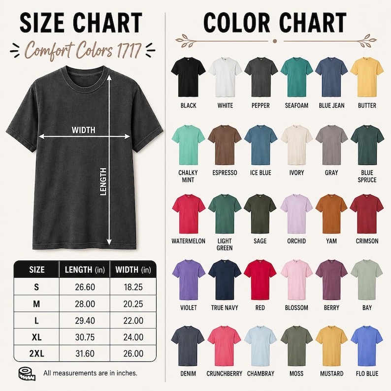Puede incluir: Una tabla de tallas para camisetas Comfort Colors 1717 que muestra una camiseta gris oscuro con flechas de largo y ancho, una tabla con medidas en pulgadas y una carta de colores con 36 muestras de colores con sus nombres correspondientes.