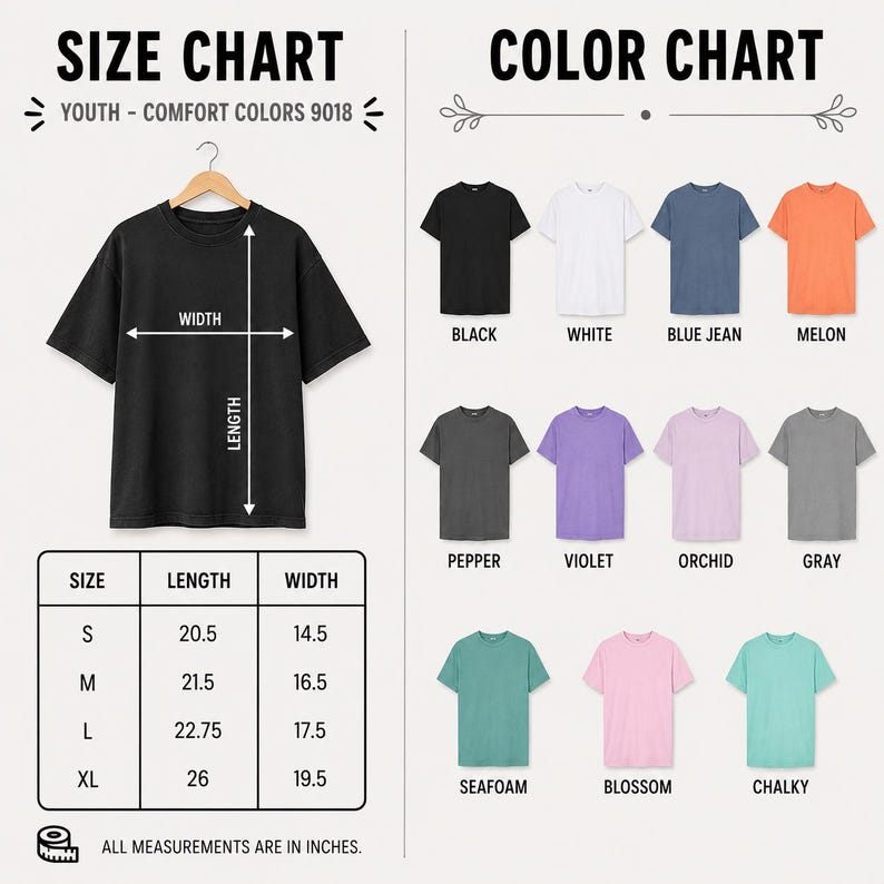 Puede incluir: Una tabla de tallas y colores para camisetas juveniles Comfort Colors 9018. A la izquierda, una camiseta negra en una percha con flechas de ancho y largo. Una tabla lista las tallas S, M, L, XL en pulgadas. A la derecha, once colores de camisetas.