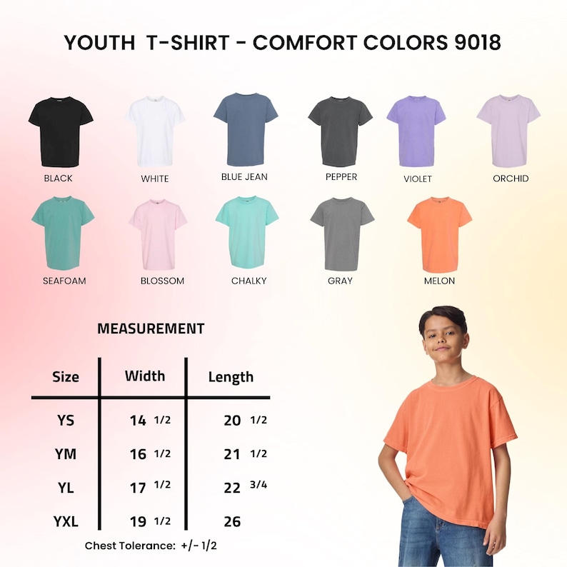May include: A youth t-shirt in melon color is modeled by a young person. The image displays a variety of t-shirt colors, including black, white, blue jean, pepper, violet, orchid, seafoam, blossom, chalky, and gray. Measurement details are also provided.