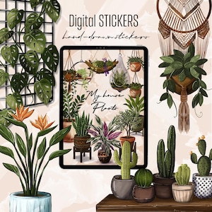 May include: A digital sticker set featuring hand-drawn illustrations of various houseplants, including cacti, succulents, and hanging plants in pots. The central tablet screen displays the text My house Plants, surrounded by botanical art.