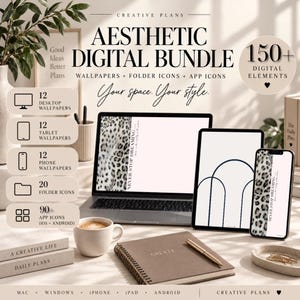 Aesthetic Desktop Organizer Bundle, Mac & Windows Wallpapers + Folder Icons