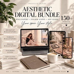 Puede incluir: Un paquete digital con fondos de pantalla, iconos de carpetas e iconos de aplicaciones estéticos. El texto dice Aesthetic Digital Bundle, 150+ Digital Elements, Your space. Your style., Desktop Wallpapers, Tablet Wallpapers, Phone Wallpapers, Folders Icons, App Icons (iOS+Android), Mac, Windows, iPhone, iPad, Android, Creative Plans.