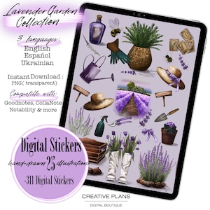 Puede incluir: Una colección digital de pegatinas Lavender Garden mostrada en la pantalla de una tableta. El conjunto incluye ilustraciones de plantas de lavanda, una regadera morada, guantes de jardinería, sombreros de paja, abejas, botas y un campo de lavanda.