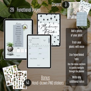 Puede incluir: Un planificador digital de plantas de interior en tabletas con 29 páginas funcionales, 3 diseños de portada y 43 pegatinas PNG dibujadas a mano. La interfaz incluye un índice, páginas de perfil de planta y pestañas de navegación.