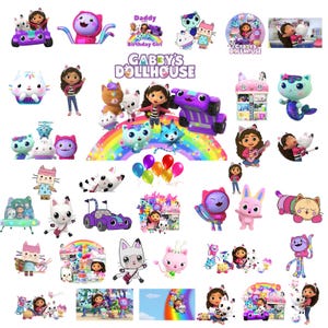 Op de afbeelding: Een verzameling Gabby's Dollhouse-stickers met Gabby, Pandy Paws, Cakey, MerCat en andere personages. De set bevat diverse poses, een regenboog, ballonnen, een paars voertuig en de tekst Gabby's Dollhouse en Daddy Birthday Girl.