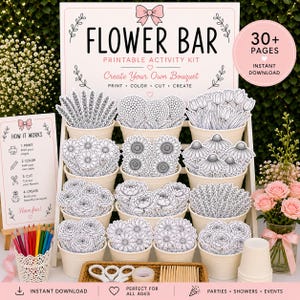 Flower Bar Printable Kit | Pink Sign Set | DIY Bouquet Activity | 30+ Flowers & Vase Designs