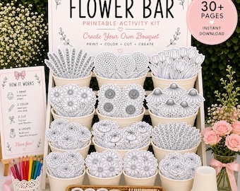 Kit imprimible para barra de flores / Juego de letreros rosas / Actividad para crear ramos de flores / Más de 30 diseños de flores y jarrones