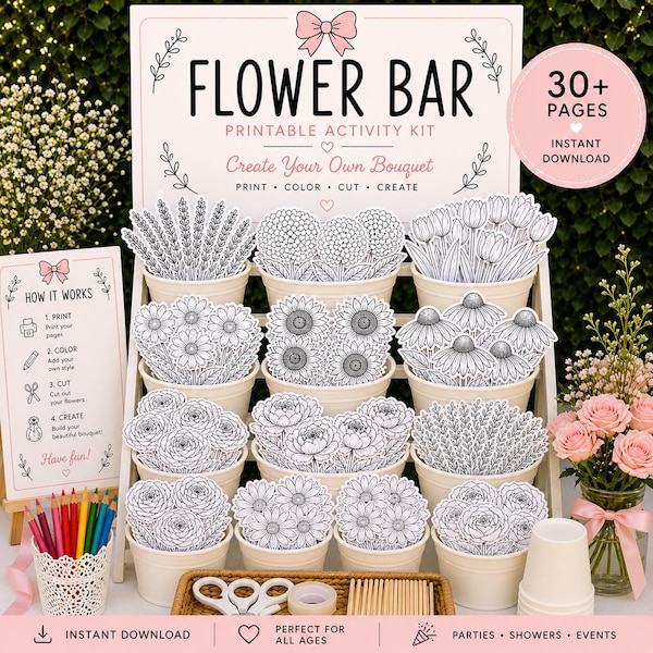 Flower Bar Printable Kit | Pink Sign Set | DIY Bouquet Activity | 30+ Flowers & Vase Designs