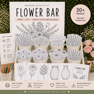 Può includere: Un kit di attività Flower Bar stampabile con disegni floreali in bianco e nero. Include istruzioni, ritagli di fiori e vasi. Il kit è progettato per feste, docce, aule ed eventi. Il testo dice "Stampa, taglia, crea il tuo bouquet".