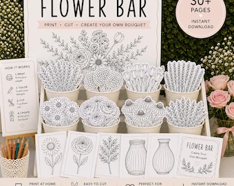 Flower Bar Printable Kit | Neutral Sign Set | DIY Bouquet Activity | 30+ Flowers & Vase Designs