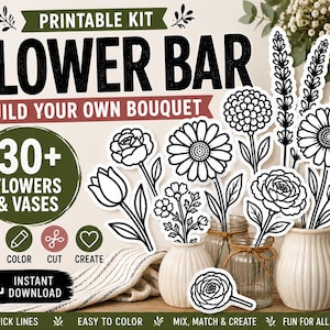 Może przedstawiać: Drukowany zestaw Flower Bar z ponad 30 kwiatami i wazonami. Zestaw zawiera czarno-białe rysunki różnych rodzajów kwiatów, wazonów oraz tekst "Printable Kit Flower Bar Build Your Own Bouquet". Natychmiastowe pobieranie.