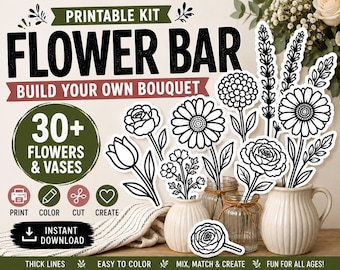 Flower Bar Printable Kit | Bold Outline Flowers | DIY Bouquet Activity | 30+ Flowers & Vase Designs