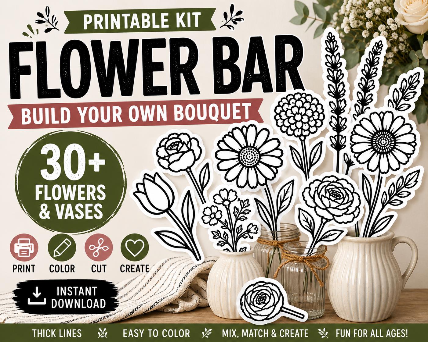 Flower Bar Printable Kit | Bold Outline Flowers | DIY Bouquet