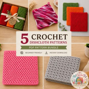 May include: A collection of crochet dishcloths in various colors, including red, orange, green, pink, and gray. The image also features a box set of rolled dishcloths tied with a ribbon and the text "5 Crochet Dishcloth Patterns PDF Pattern Bundle".