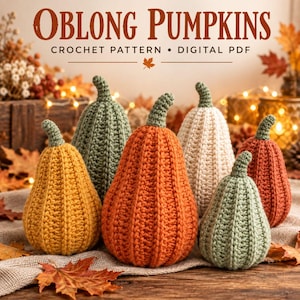 Könnte beinhalten: Eine digitale PDF-Häkelanleitung mit dem Titel OBLONG PUMPKINS, die sechs handgehäkelte Kürbisse in verschiedenen Farben wie Orange, Gelb, Grün und Creme zeigt. Jeder Kürbis hat eine gerippte Textur und einen kleinen grünen Stiel.